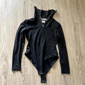 Black 80s Vintage Zip-Up Long Sleeve Bodysuit